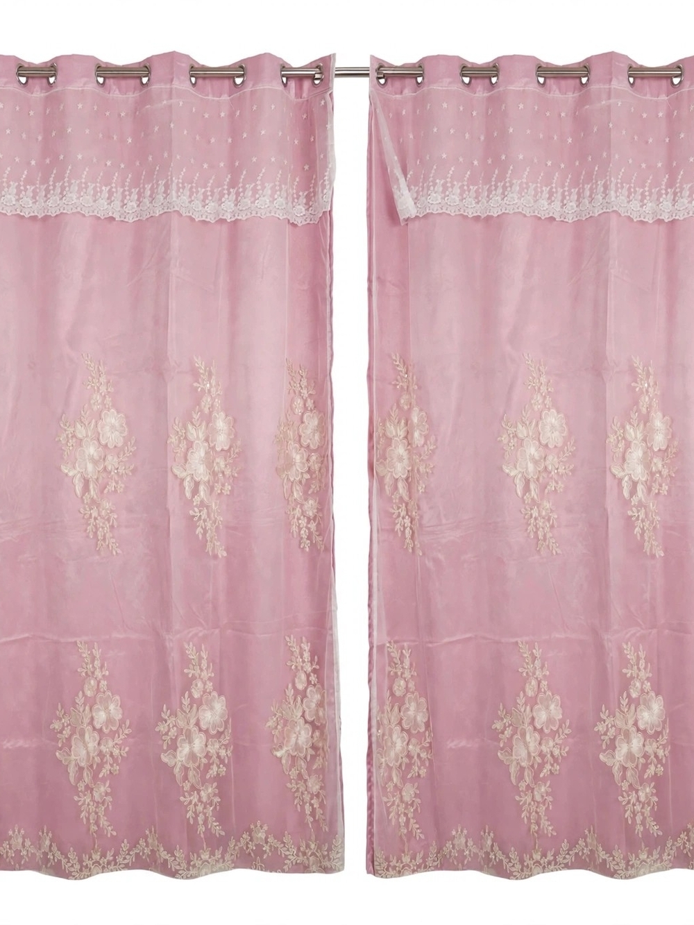 Romantic Pink Embroidered Sheer Curtain Panels - Classic Style